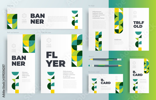 Agriculture theme minimal geometric Set flyer cover, tri-fold, banner, roll up banner, business card