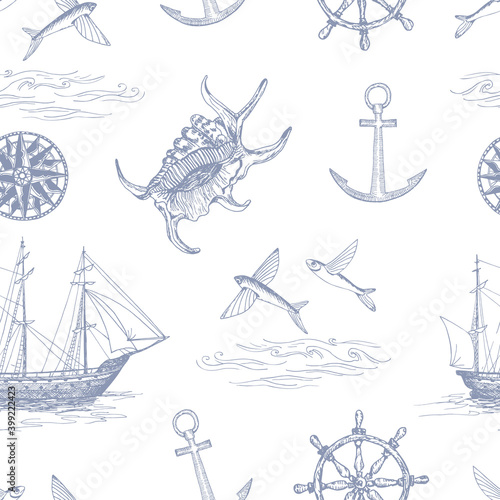 Nautical pattern. Hand drawn realistic outline vector illustration.