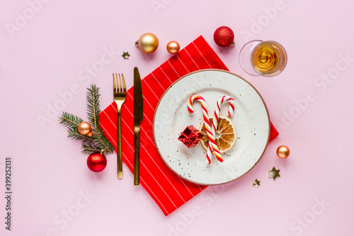Beautiful Christmas table setting. New year decoration. Top view