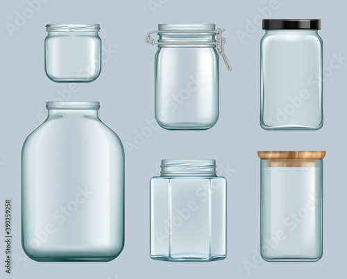 Glass jars. Product jam containers transparent bottles for liquids canned food for shelves vector template. Illustration jar glass canning, close container empty bottle
