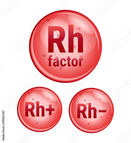 Vector set of red icons isolated on white. Rh factor, Rh+, Rh− from blood group system. Rh factor determines blood type. Rhesus factor. Rh-positive, Rh-negative, where the blood contains d antigens.