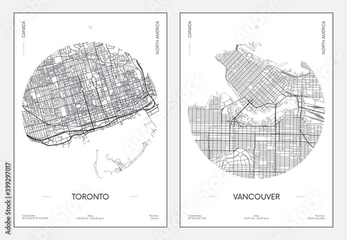 Travel poster, urban street plan city map Toronto and Vancouver, vector illustration