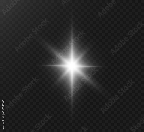 White glowing light explodes on a transparent background. Bright Star. Transparent shining sun, bright flash. Vector graphics. 