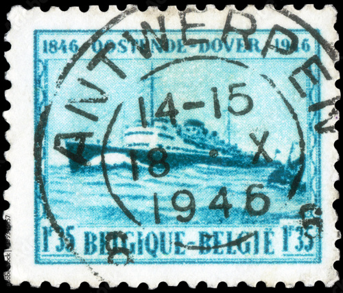 Postage stamp issued in Belgium with the image of the mail steamer Prince Baudouin. From the series on Centenary of Ostend-Dover Mail-boat Service, 1946