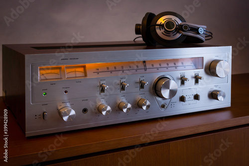 Vintage Audio Stereo Receiver with shiny metal front panel