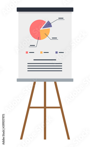 Vector icon of wooden flipchart with diagram or pie chart, graphs, data, chart, infographics. Business presentation at board. Report screen with statistics, business strategies, financial plan