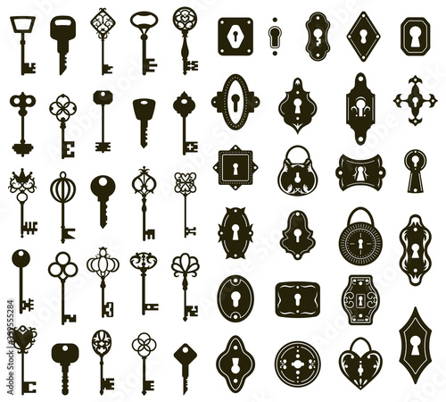 Keys and keyholes. Vintage house door keys and keyholes, decorative keys silhouettes vector illustration set. Antique and modern keys skeleton. Safety access, passkey antique, victorian keyhole