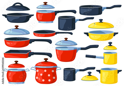 Cartoon frying pan. Cooking pots, metal saucepan and casserole, kitchen cooking items. Kitchen utensils vector illustration set. Cooking pan, kitchenware utensil equipment