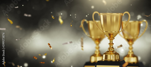 close up golden trophy award with falling confetti. copy space for text. 3d rendering. 