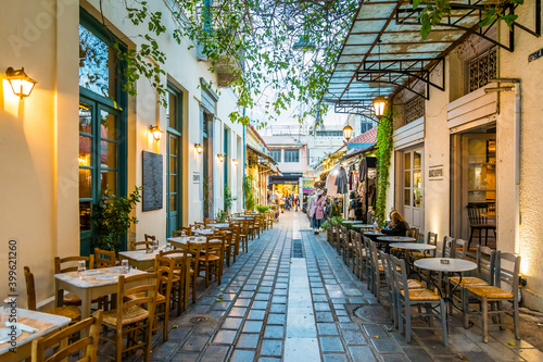 Colorful street view in Plaka District of Athens.