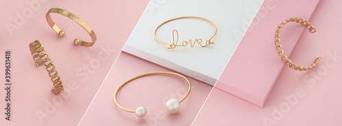 Modern golden bracelets on pink and white slanted layout