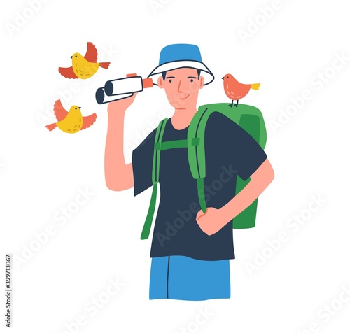 Young birdwatcher at ecotour. Traveler with backpack holding binoculars. Young male ornithologist watching birds. Tourist with naturalist equipment. Flat vector cartoon illustration isolated on white.