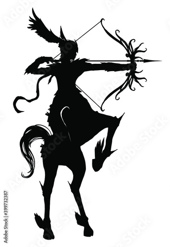 The black silhouette of a beautiful centaur girl standing on her hind legs deftly pulls an arrow aiming into the distance, on her head and hooves wings, she is in armor. 2d illustration.