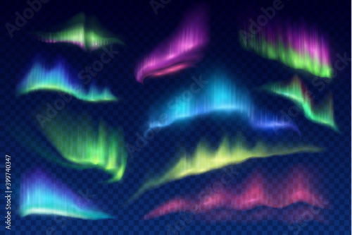 Arctic aurora borealis, vector polar lights, northern natural phenomena isolated on transparent background. Amazing iridescent glowing wavy illumination on night sky. Realistic 3d shining aurora set