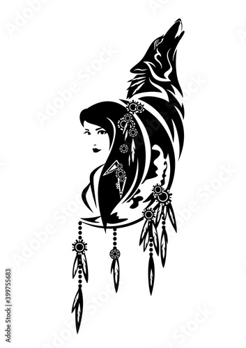 beautiful shaman woman, crescent moon, feathered decor and howling wolf - tribal spirit animal concept black and white vector design