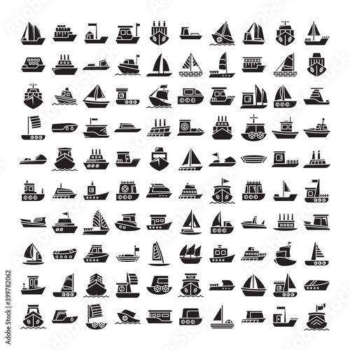 big collection of ship, vessel, boat, yacht, cruise ship, ferry and ocean liner icons set