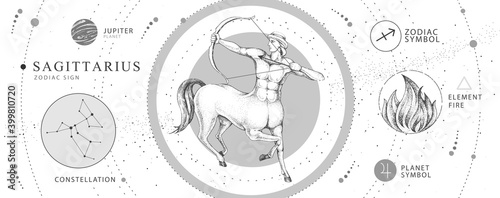 Modern magic witchcraft card with astrology Sagittarius zodiac sign. Realistic hand drawing centaur with Bow and arrow. Zodiac characteristic