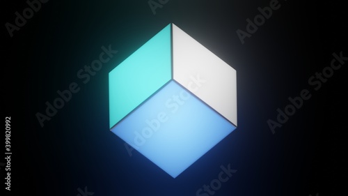 A 3D rendered illustration of a cube glowing white - blue tone in the balck background 