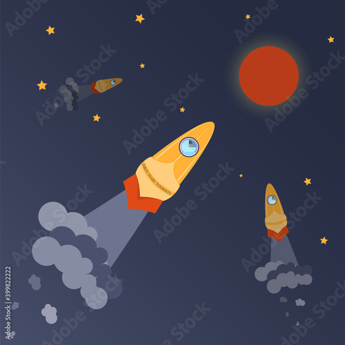 Three Rockets with Austronauts Flying Towards Mars