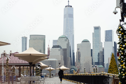 View of Exchange Place waterfront with Freedom Tower and Christmas Tree in background
