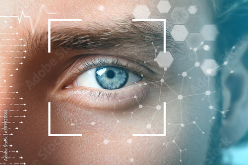 Young man with iris scanning, closeup