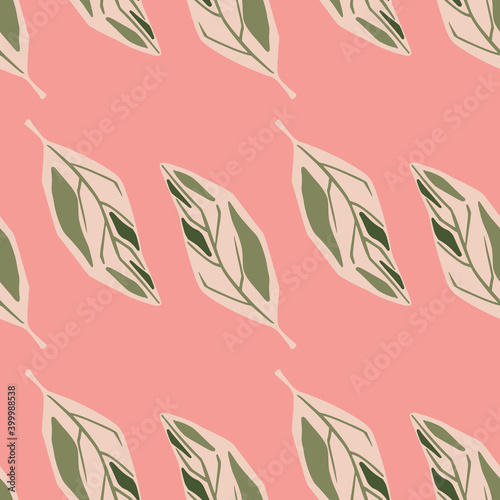 Seamless tender pattern with pastel tones outline leaf shapes. Pink bright background. Nature backdrop.