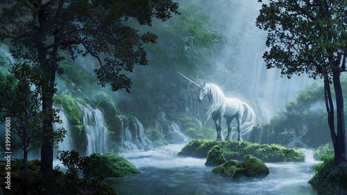 Beautiful unicorn in a magical forest - digital illustration