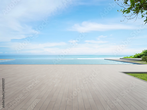 Luxury beach house with sea view swimming pool and terrace in modern design. Wooden floor deck at vacation home or hotel. 3d illustration of contemporary holiday villa exterior.