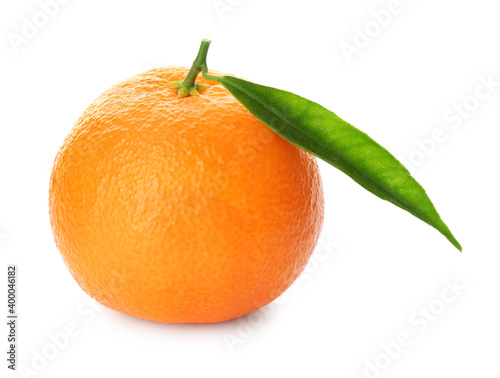 Whole fresh tangerine with green leaf isolated on white