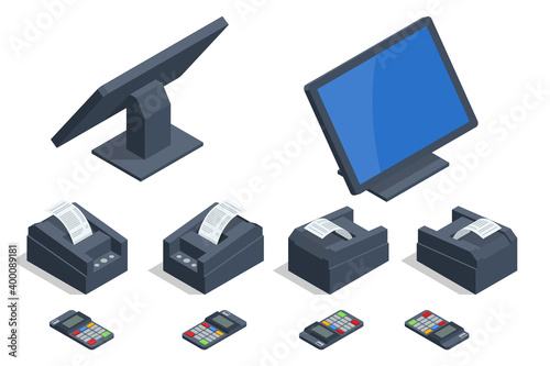 Isometric set of Shop Cash Register Equipments. Modern Tablet POS Terminal with Barcode Scanner and Receipt Printer.