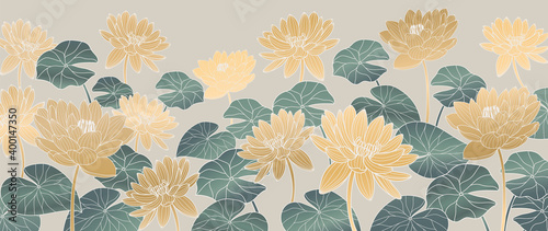 luxury Gold lotus wallpaper design vector, Lotus wall arts, Golden flowers patterns design for packaging background, print, packaging, natural cosmetics, health care, invitation, cards.