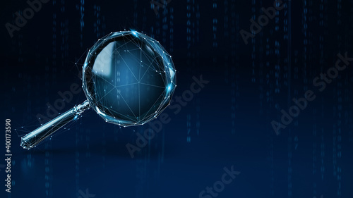 Wireframe concept of a magnifying lens on dark blue background. 3D Rendering