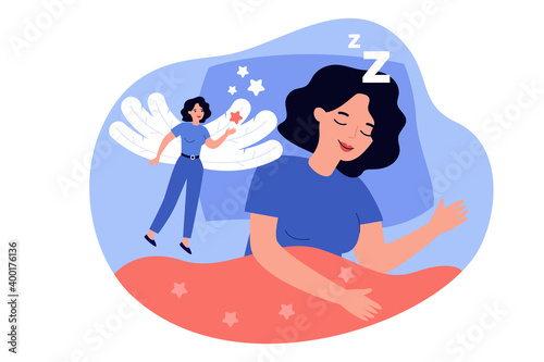 Happy woman lucid dreaming in REM sleep state isolated flat vector illustration. Cartoon character having supernatural experience when soul left body. Physiological condition and dream concept