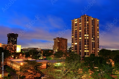 sky line of Springfield Missouri at dusk with dramatic clouds