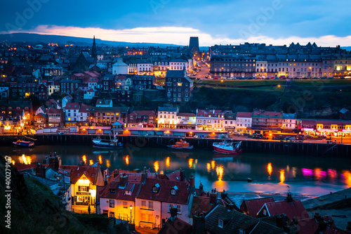Evening view over harbour of Whitby, Yorkshire, United Kingdom