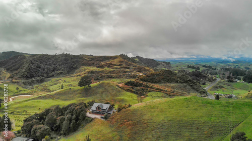 Waitomo countryside and hills in spring season, aerial view of New Zealand