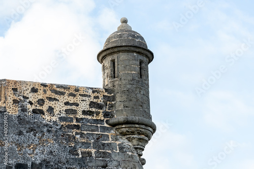 Close up of lookout tower at Castillo San Cristobal Fort in San Juan, Puerto Rico. It was built by Spain in 1783 to protect against land based attacks on the city of San Juan. 