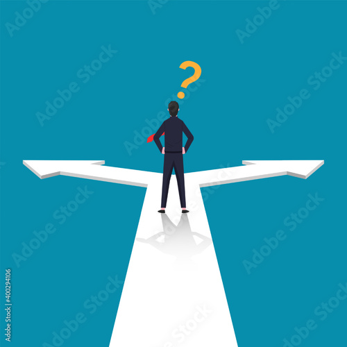 Confused businessman standing at cross road symbol. Business choice vector illustration.