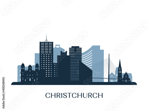Christchurch skyline, monochrome silhouette. Vector illustration.