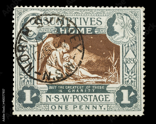 A n 1897 postage stamp from New South Wales, Australia. It sold for one shilling, with one penny for postage and the rest going to a "consumptives home" (tuberculosis hospital). 