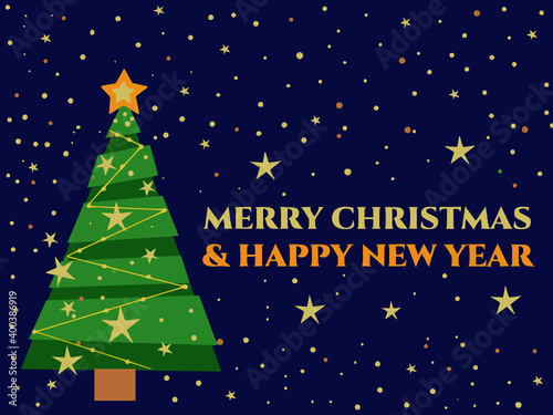 Ilustracja choinki świątecznej na Boże Narodzenie, granatowe tło, życzenia świąteczne i noworoczne, baner.