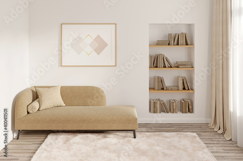Modern room with a horizontal poster above a couch with a pillow, a niche with books, a window with curtains, a fluffy carpet on a wooden floor. Front view. 3d render