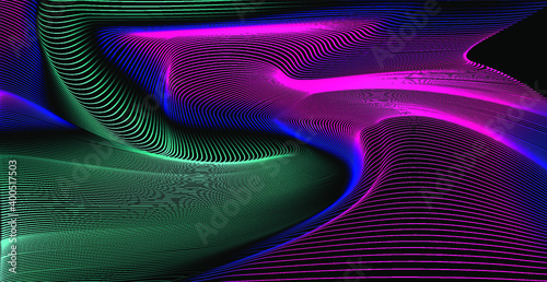 Colorful neon modern background. Abstract glitched texture with gradient vibrant bright wavy lines.