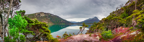 Panoramic view over beautiful and colorful landscape at Ensenada Zaratiegui Bay in Tierra del Fuego National Park, near Ushuaia and Beagle Channel, Patagonia, Argentina, early Autumn.