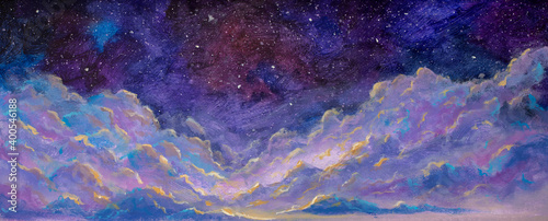 Panoramic beautiful landscape with night starry sky fantasy clouds over mountains hill handmade oil painting watercolor fantasy art panorama banner.