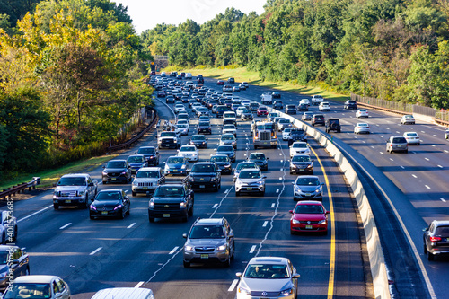 Peak hour traffic on Garden State Parkway photographed from an over bridge at Clark, New Jersey, in the morning, with all the lanes crowded in the direction towards New York City.