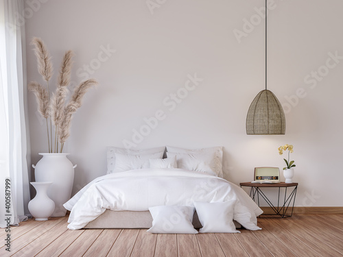 Mininal contemporary style bedroom 3d render,There are wooden floor decorate with white fabric bed set and big white jar with dry reed flower.