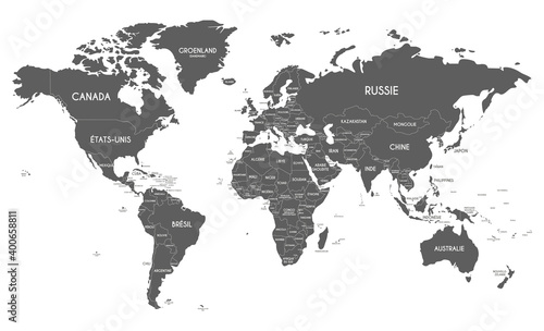 Political World Map vector illustration isolated on white background with country names in french. Editable and clearly labeled layers.