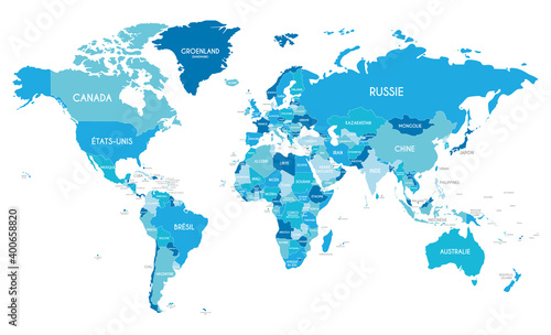 Political World Map vector illustration with different tones of blue for each country and country names in french. Editable and clearly labeled layers.