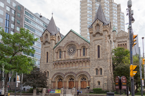 TORONTO, CANADA - JUNE 18, 2017: Exterior view of St. Andrew church, a large and historic Romanesque Revival Presbyterian church in downtown Toronto, Ontario. 